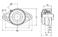 Two Bolt Rhombus Flanged Unit, Cast Housing, Adapter, Pressed Steel Dust Cover, Closed End, UKFL Type - Dimensions