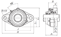 Two Bolt Rhombus Flanged Unit, Cast Housing, Set Screw, Cast Dust Cover, Open End, UCFL Type - Dimensions